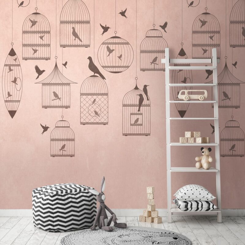 Profhome - Fototapete 382961 Heißgeprägte Vliestapete Glatt Mit Vogel-muster Matt Rosa Grau 1, 59 M X 2, 8 M