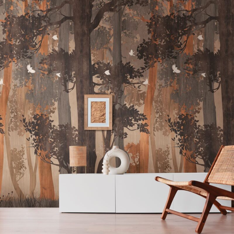 Profhome - Fototapete 392371 Heißgeprägte Vliestapete Glatt Mit Waldmotiv Matt Blau Beige Orange 1, 59 M X 2, 8 M
