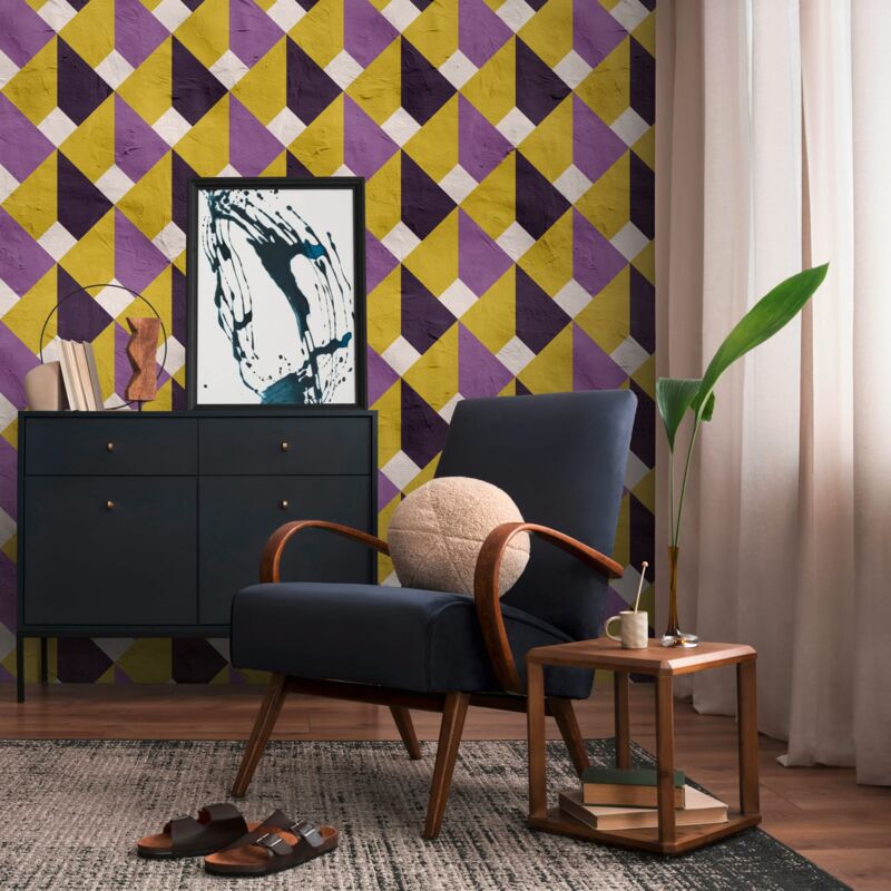 Profhome - Fototapete 398491 Heißgeprägte Vliestapete Glatt Im Retro-stil Matt Violett Gelb Weiß 1, 59 M X 2, 8 M