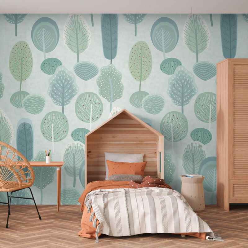 Fototapete Profhome 770711 Vliestapete Glatt Kindertapete Matt Grün Braun-grau Minz-grün Weiß 1, 59 M X 2, 8 M