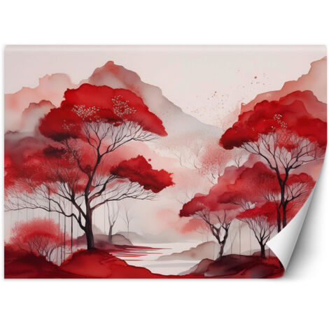 Fototapete Rote Landschaft Wald Berge 150x105 cm