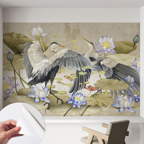 Fototapete Selbstklebend - Büro Wandgestaltung - Wanddekoration Wohnzimmer Vögel und Lilien 152x104 cm