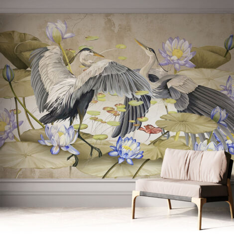 Fototapete Selbstklebend - Büro Wandgestaltung - Wanddekoration Wohnzimmer Vögel und Lilien 312x219 cm