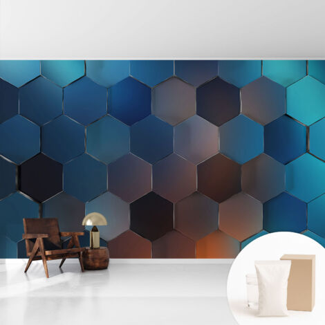 Fototapete Tapete Vliestapete mit Kleber Büro Wandgestaltung - Wanddekoration Wohnzimmer Blaue Sechsecke 416x254 cm