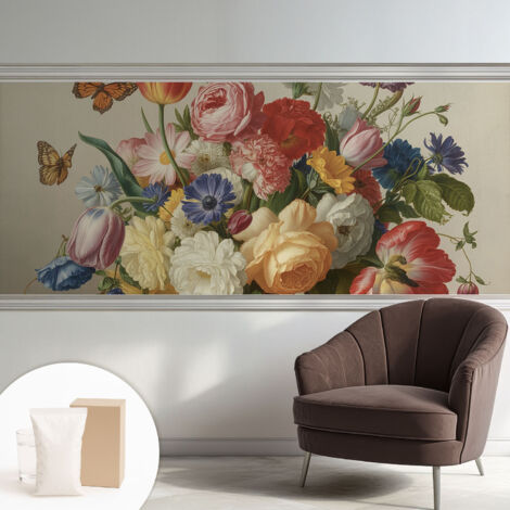 Fototapete Tapete Vliestapete mit Kleber Büro Wandgestaltung - Wanddekoration Wohnzimmer Blumen und Schmetterlinge 250x104 cm