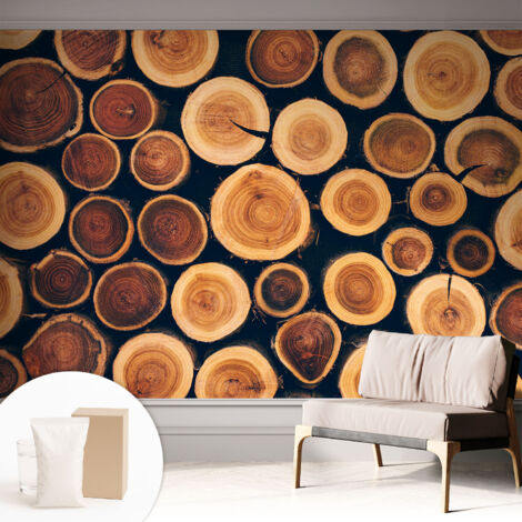 Fototapete Tapete Vliestapete mit Kleber Büro Wandgestaltung - Wanddekoration Wohnzimmer Holzkreise 312x219 cm
