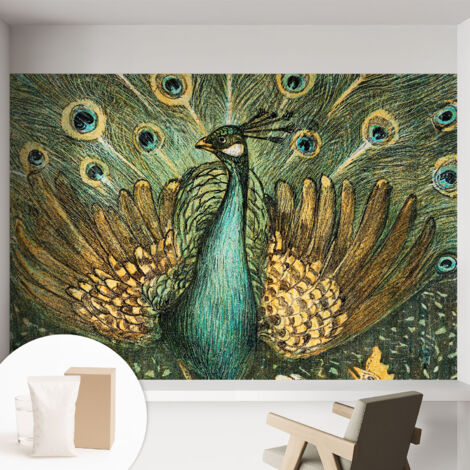 Fototapete Tapete Vliestapete mit Kleber Büro Wandgestaltung - Wanddekoration Wohnzimmer Majestätischer Pfau 152x104 cm