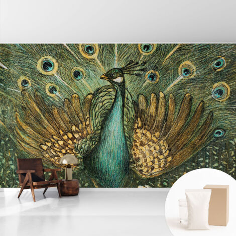Fototapete Tapete Vliestapete mit Kleber Büro Wandgestaltung - Wanddekoration Wohnzimmer Majestätischer Pfau 416x254 cm