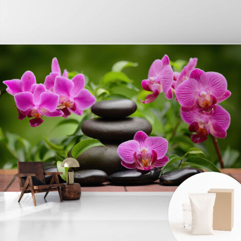 Fototapete Tapete Vliestapete mit Kleber Büro Wandgestaltung - Wanddekoration Wohnzimmer Orchideen und Steine 416x254 cm