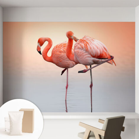 Fototapete Tapete Vliestapete mit Kleber Büro Wandgestaltung - Wanddekoration Wohnzimmer Zarte Flamingos 152x104 cm
