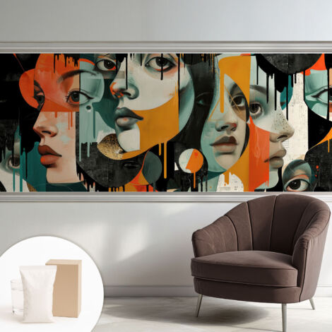 Fototapete Tapete Vliestapete mit Kleber - trendige Wanddeko - Schlafzimmer - Wohnzimmer Bunte Gesichter 250x104 cm