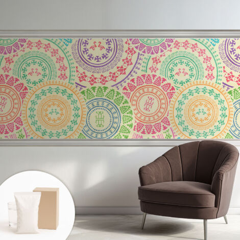 Fototapete Tapete Vliestapete mit Kleber - trendige Wanddeko - Schlafzimmer - Wohnzimmer Bunte Mandalas 250x104 cm