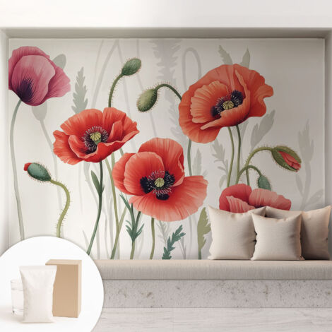 Fototapete Tapete Vliestapete mit Kleber - trendige Wanddeko - Schlafzimmer - Wohnzimmer Rote Mohnblumen 208x146 cm