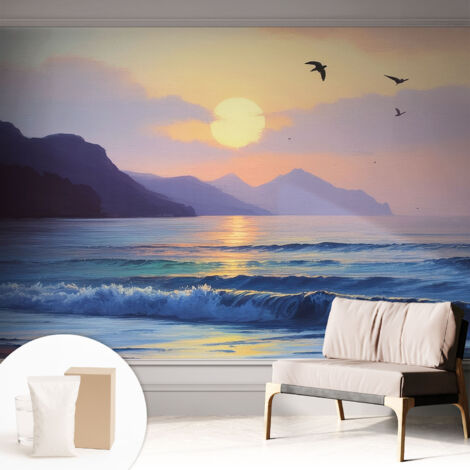Fototapete Tapete Vliestapete mit Kleber - trendige Wanddeko - Schlafzimmer - Wohnzimmer Sonnenuntergang am Meer 312x219 cm