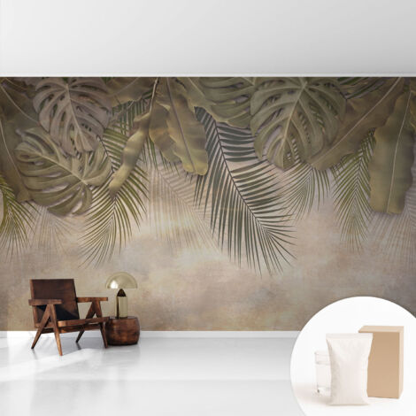 Fototapete Tapete Vliestapete mit Kleber - trendige Wanddeko - Schlafzimmer - Wohnzimmer Tropische Blätter 416x254 cm
