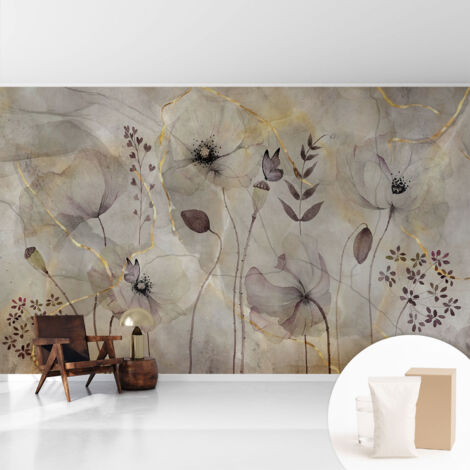 Fototapete Tapete Vliestapete mit Kleber - trendige Wanddeko - Schlafzimmer - Wohnzimmer Zarte Blumen 416x254 cm