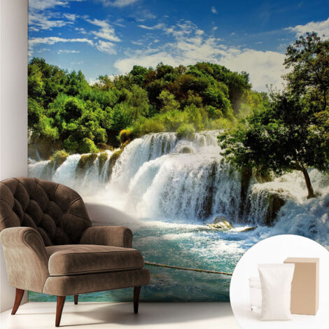 Fototapete - Tapete Vliestapete mit Kleber - Wandtapete Moderne Wandbild Schlafzimmer Wohnzimmer Beeindruckender Wasserfall 250x250 cm