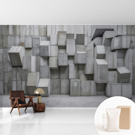 Fototapete - Tapete Vliestapete mit Kleber - Wandtapete Moderne Wandbild Schlafzimmer Wohnzimmer Betonblöcke 416x254 cm