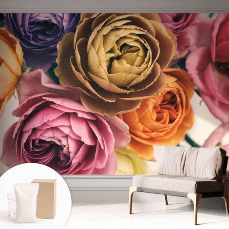 Fototapete - Tapete Vliestapete mit Kleber - Wandtapete Moderne Wandbild Schlafzimmer Wohnzimmer Bunte Rosen 312x219 cm
