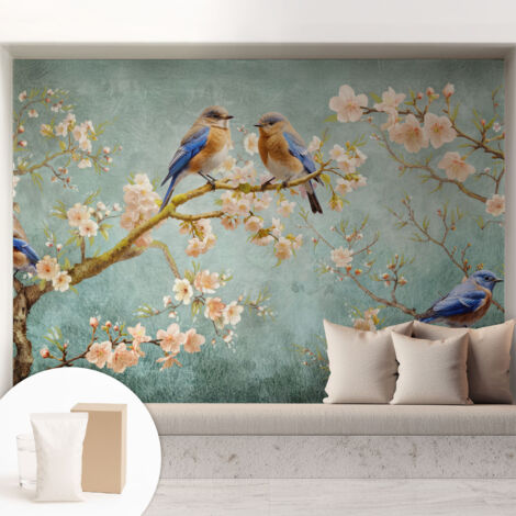Fototapete - Tapete Vliestapete mit Kleber - Wandtapete Moderne Wandbild Schlafzimmer Wohnzimmer Frühlingsvögel 208x146 cm