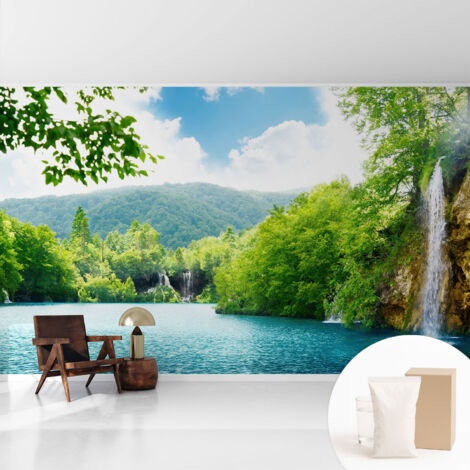 Fototapete - Tapete Vliestapete mit Kleber - Wandtapete Moderne Wandbild Schlafzimmer Wohnzimmer Natürlicher Wasserfall 416x254 cm