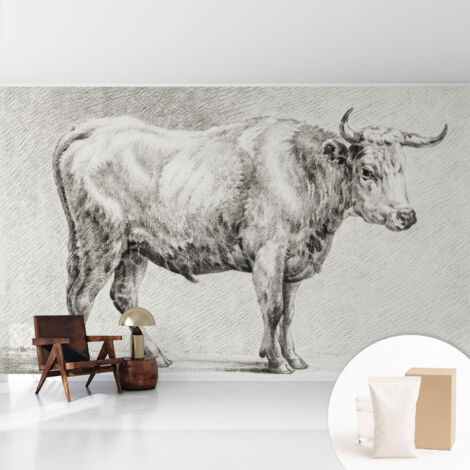 Fototapete - Tapete Vliestapete mit Kleber - Wandtapete Moderne Wandbild Schlafzimmer Wohnzimmer Stier-Bleistift 416x254 cm
