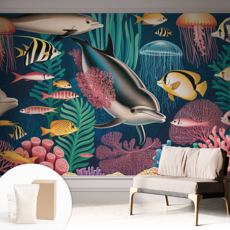 Fototapete - Tapete Vliestapete mit Kleber - Wandtapete Moderne Wandbild Schlafzimmer Wohnzimmer Unterwasserfauna 312x219 cm