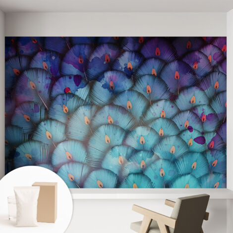 Fototapete Tapete Vliestapete mit Kleber - Wandtattoo - leicht anzubringen - Wandverkleidung Bunte Federn 152x104 cm