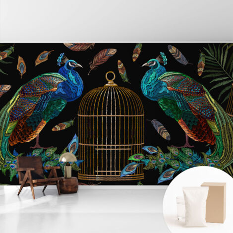 Fototapete Tapete Vliestapete mit Kleber - Wandtattoo - leicht anzubringen - Wandverkleidung Pfau-Motiv 416x254 cm