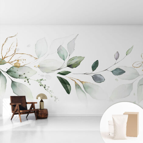 Fototapete Vliestapete mit Kleber - modern Wohnzimmer - Wanddekoration - einfach anzubringen Grüne Blätter 416x254 cm