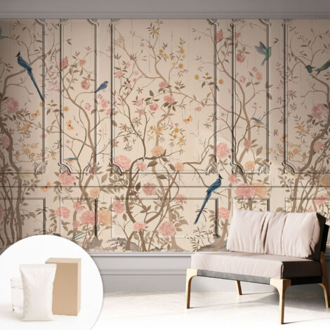 Fototapete Vliestapete mit Kleber - modern Wohnzimmer - Wanddekoration - einfach anzubringen Vögel und Blumen 312x219 cm
