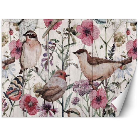 Fototapete Vögel und Schmetterlinge auf einer Wiese mit Feldblumen 100x70 cm