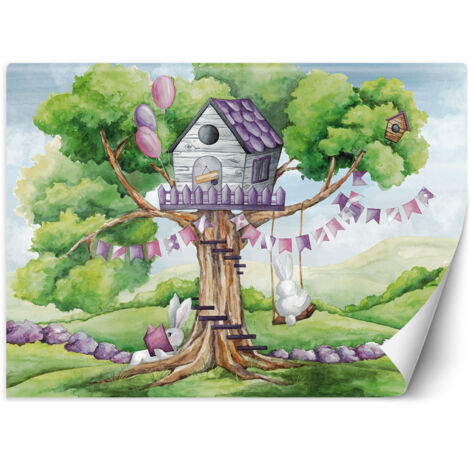 Fototapete Weiße Kaninchen Hütte auf dem Baum 150x105 cm