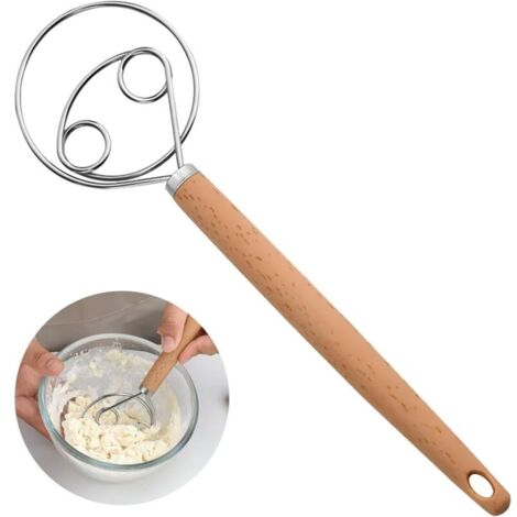 Fouet à pâte danois, fouet à pâte danois, fouet hollandais de 25,4 cm, batteur à œufs avec poignée en plastique, mixeur, en acier inoxydable, double trou pour pâte à pain, pâtisserie ou pâte à pizza
