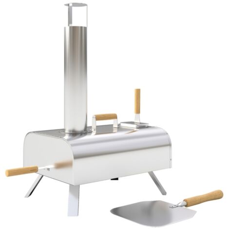 Four à pizza bois extérieur acier inox - Pierre épaisse 1cm, pied pliable, pelle, couvercle, portable pour camping, jardin, fêtes 79x36x75cm Argent