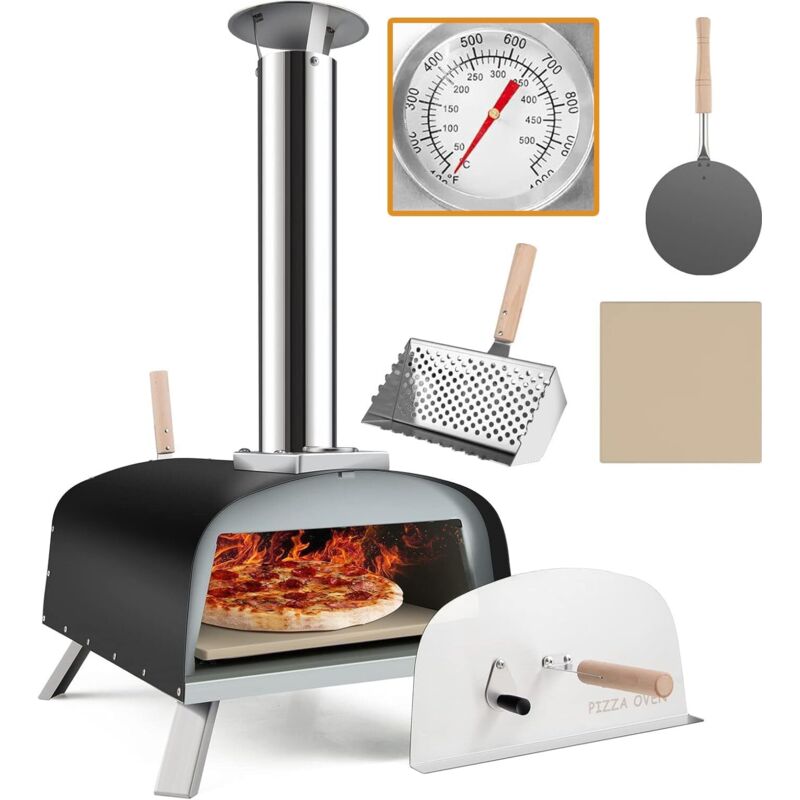 Four à Pizza Extérieur à Bois ou à Pellet, avec Thermomètre, Pelle à Pizza, Pierre à Pizza de φ33CM, Température Max. 450 ℃, pour Jardin, Camping,
