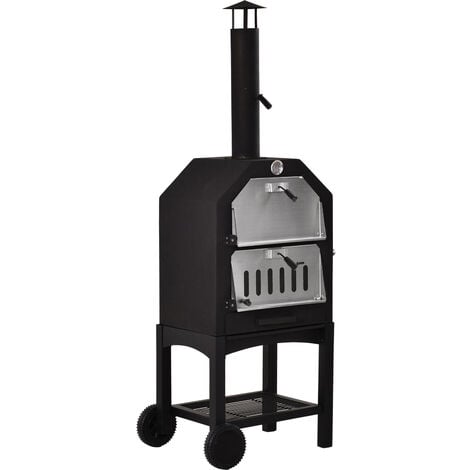 main image of "Four à pizza extérieur au charbon de bois - barbecue sur roulettes - Four à bois - pierre réfractaire - cheminée, jauge température - acier inox.noir gris"
