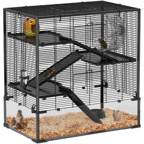 Four-Tier Hamster Cage with Deep Tempered Glass Bottom, Hut, Running Wheel, Food Dish, Water Bottle, 78.5 x 48.5 x 80cm