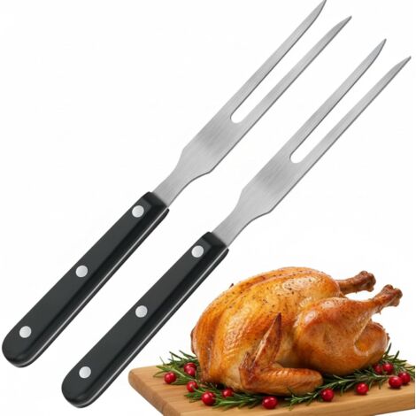 Fourchette à Viande - 2 Pièces - Acier Inoxydable - Manche Plastique Noir - Barbecue et - 27 cm