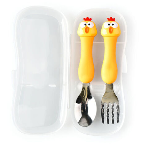 Fourchette et Cuillère Bébé en Acier Inox avec Manche Plastique pour Apprentissage Manger (Jaune)