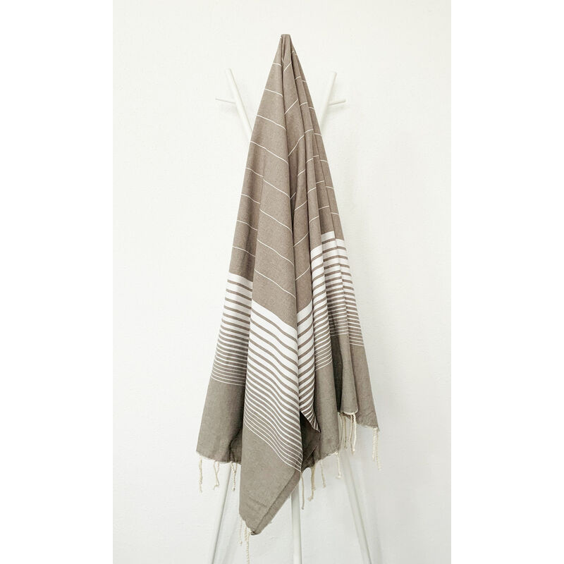 oceanvibes - fouta 100 cm x 200 cm miami taupe rayures blanches - 100% coton - finition franges