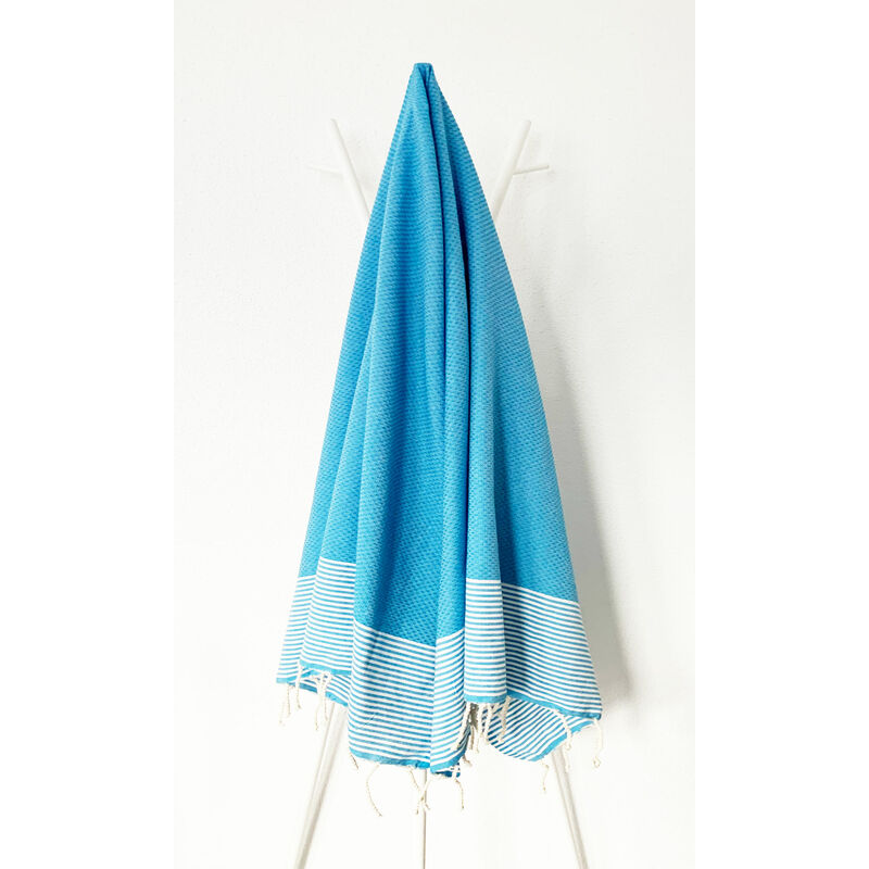 fouta 100 cm x 200 cm ziwane turquoise rayures blanches - 100% coton - finition franges