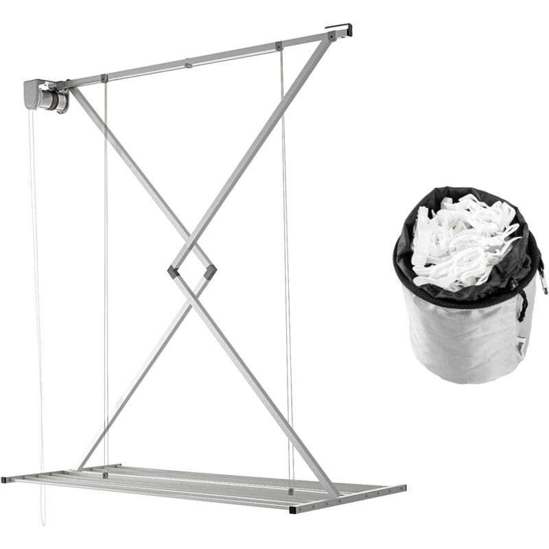 Tendoir de Plafond, séchoir Vertical Rétractable et Repliable avec sac à pinces et pinces à linge Foxydry Mini 152x54x25 cm + Peggy Bag - Gris