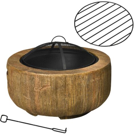 Foyer/brasero couvert, en forme de souche, avec un tisonnier, adapté aux jardins, au camping et aux terrasses, en acier à oxyde de magnésium, brun.