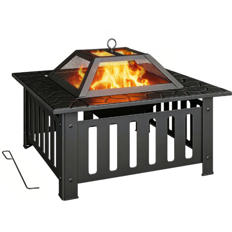 Foyer extérieur carré acier 67x67x47 cm, jardin, tisonnier, couvercle maille, fête, noir