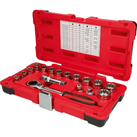FP – Coffret de 17 douilles traversantes 3/8' et 1/2' – Acier chrome-vanadium – Clé à cliquet 72 dents – Coffret robuste en plastique