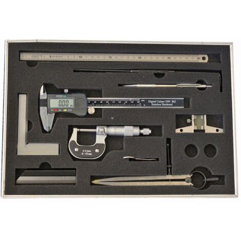 FP – Ensemble de 9 outils de mesure – Pied à coulisse digital 150 mm – Micromètre 0-25 mm – Règle en acier 300 mm – Équerre 100x70 mm - CMS92