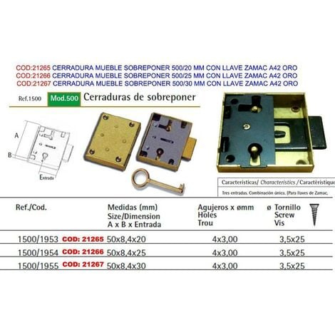 FPLUS cerradura mueble sobreponer 500-30 mm+llave zamac a42 oro