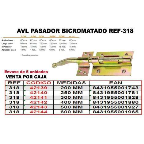 FPLUS pasador bicromatado 318/40cm. , Pasador 318
- Medida: 400 mm.
- Bicromatado.
- Para colocar en puertas, ventanas, etc.
- También puede ser usado como cerrojos, pestillos y co
