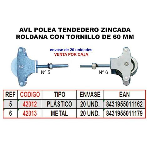 FPLUS polea rod.metal.c/tuerca de 60 , Polea tendedero metalica con tuerca M-6x60 mm.